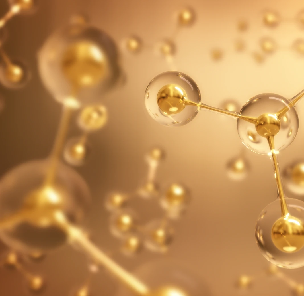 An abstract 3D rendering of golden molecular structures, representing the advanced science behind Get Hair MD treatments.