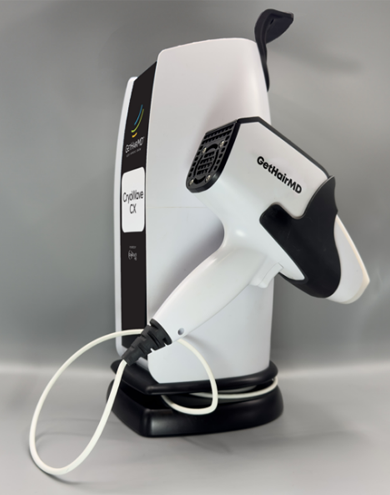 A white and black CryoWave CX medical device with a handheld applicator wand, used for non-invasive scalp treatments at Get Hair MD.